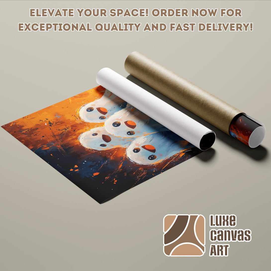 Abstract art poster roll featuring whimsical faces, orange & blue color palette. Elevate your space with this unique poster!