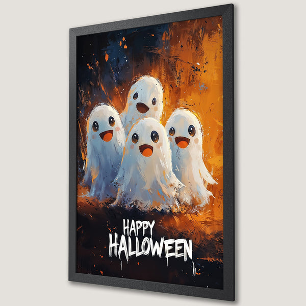 Framed Poster featuring cute Halloween ghosts in an abstract style with orange and blue color palette. Perfect spooky decor!
