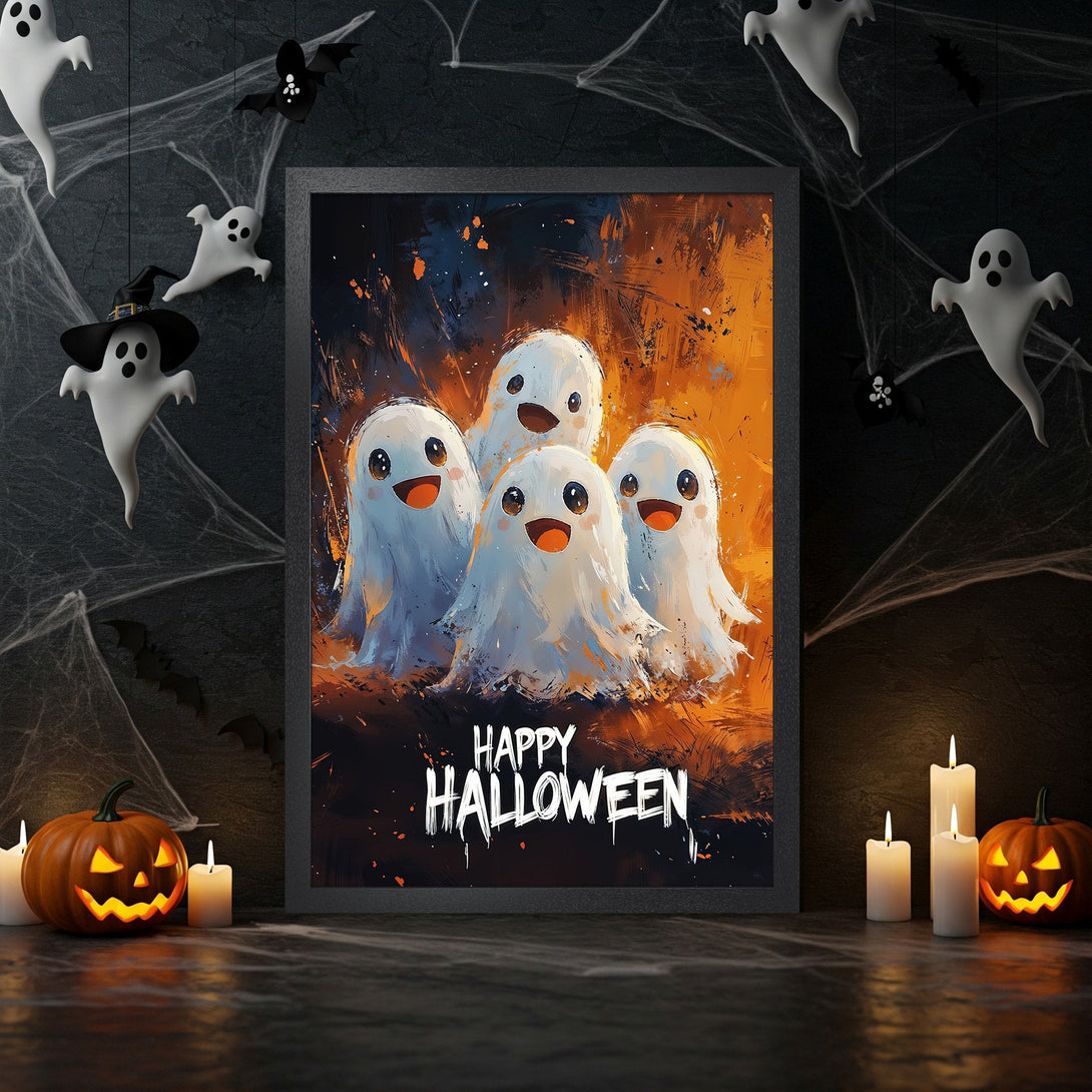 Framed Poster featuring cute ghost art in orange & blue. Perfect Halloween decor. Add spooky charm with this fun Poster!