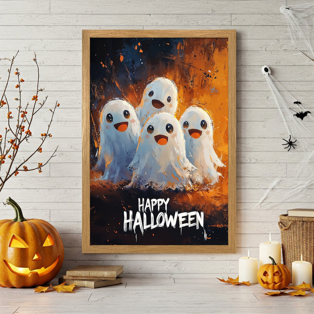 Framed Poster featuring cute Halloween ghosts in an expressive style with orange and black tones. Perfect spooky decor!