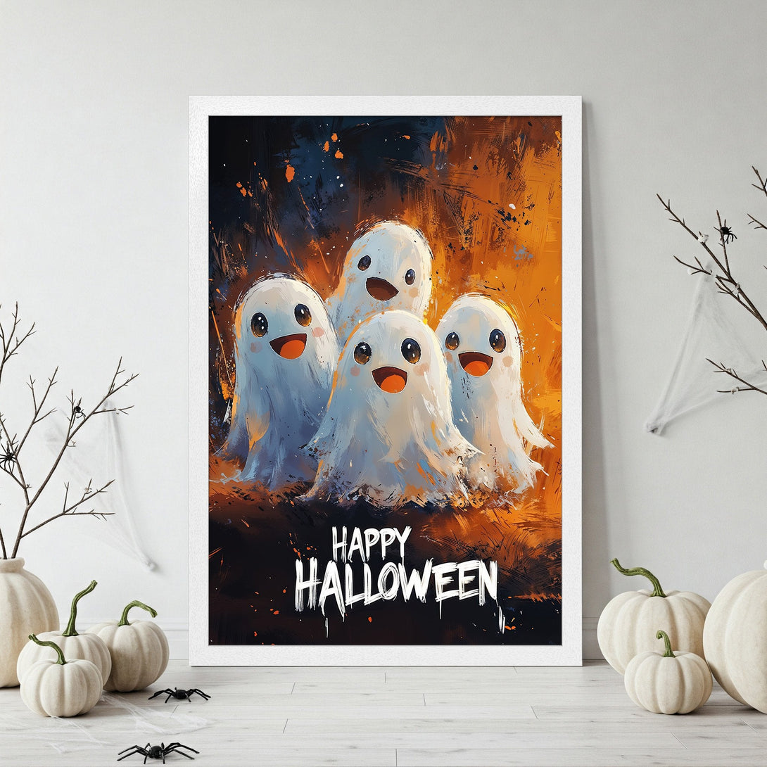 Framed Poster featuring adorable Halloween ghosts in a vibrant, orange and blue color palette. Perfect spooky decor!