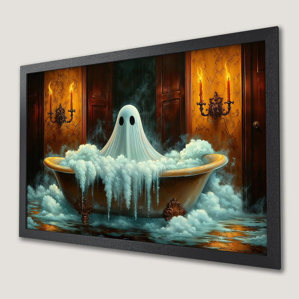 Framed Poster: Ghost in a bathtub, whimsical illustration, warm color palette, perfect Halloween decor.