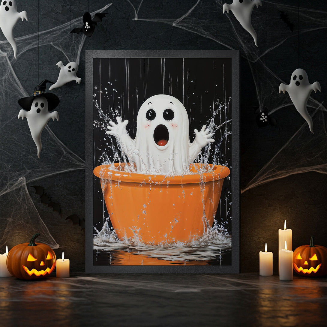 Framed Poster featuring a cute ghost in an orange tub, Halloween theme, black, white, and orange color palette. Perfect spooky decor!
