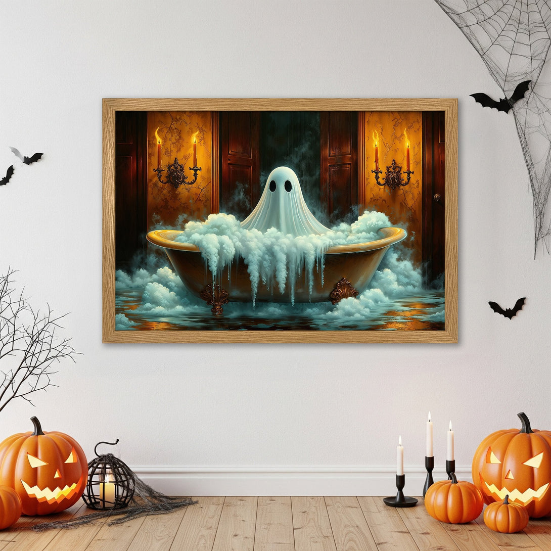 Framed Poster of a ghost in a bathtub, spooky Halloween art with warm color palette. Perfect for your home decor!