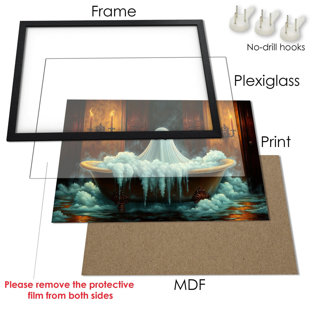 Framed Poster featuring a surreal bath scene, with a warm, moody color palette. Perfect wall art!