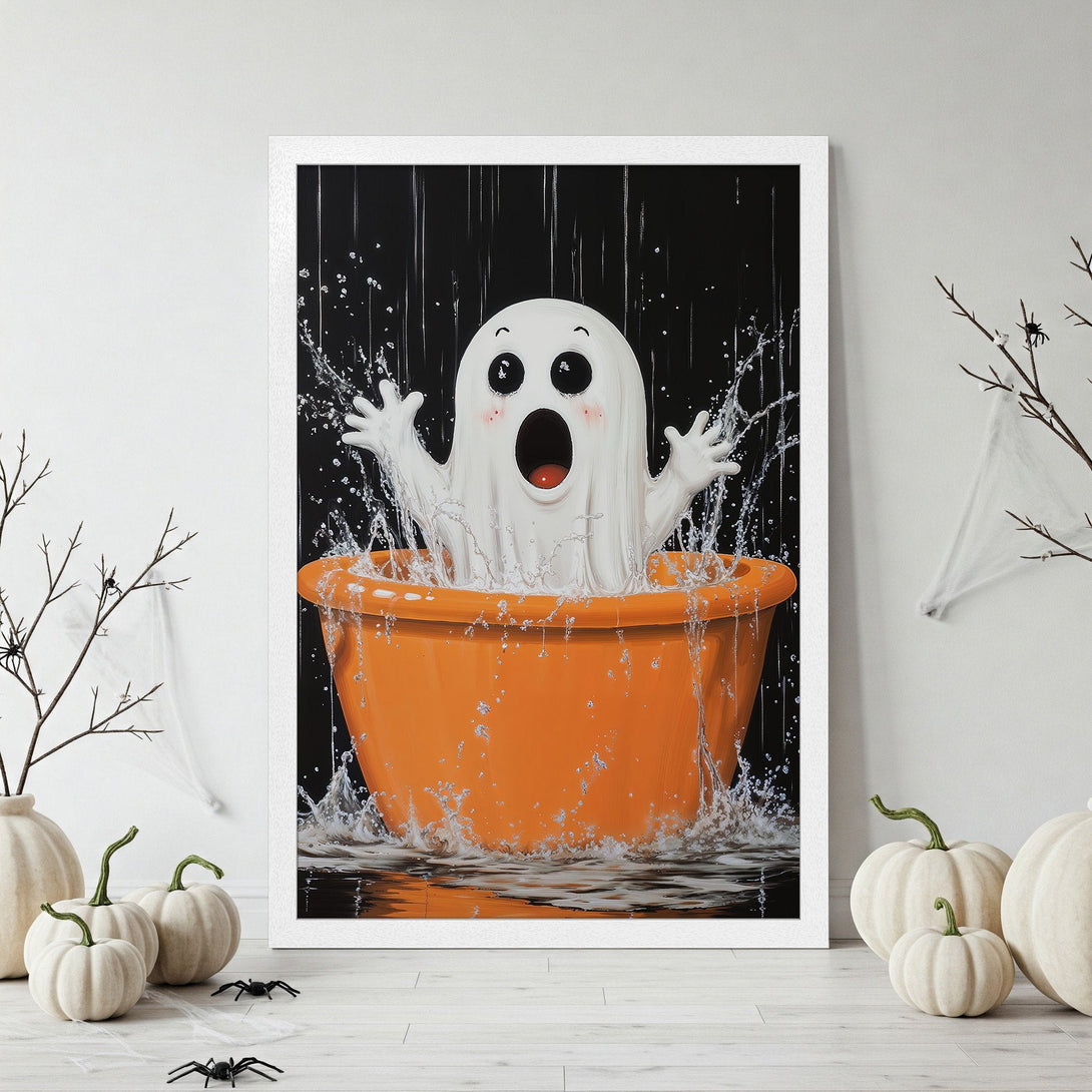 Framed Poster featuring a cute ghost splashing in water, cartoon style, with an orange, black, and white color palette. Perfect Halloween decor!