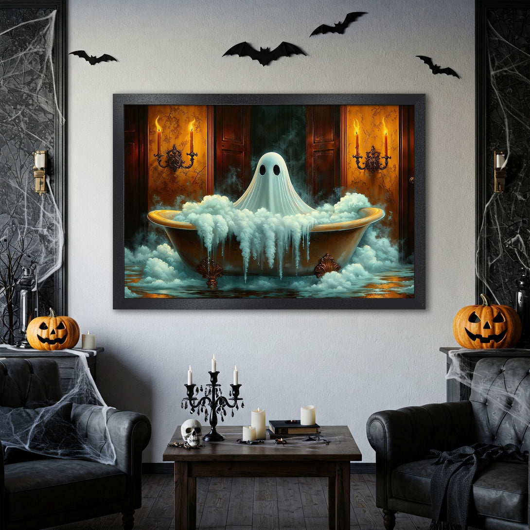 Framed Poster of a ghost in a bathtub, whimsical Halloween art. Warm color palette, perfect for spooky decor. Get yours today!