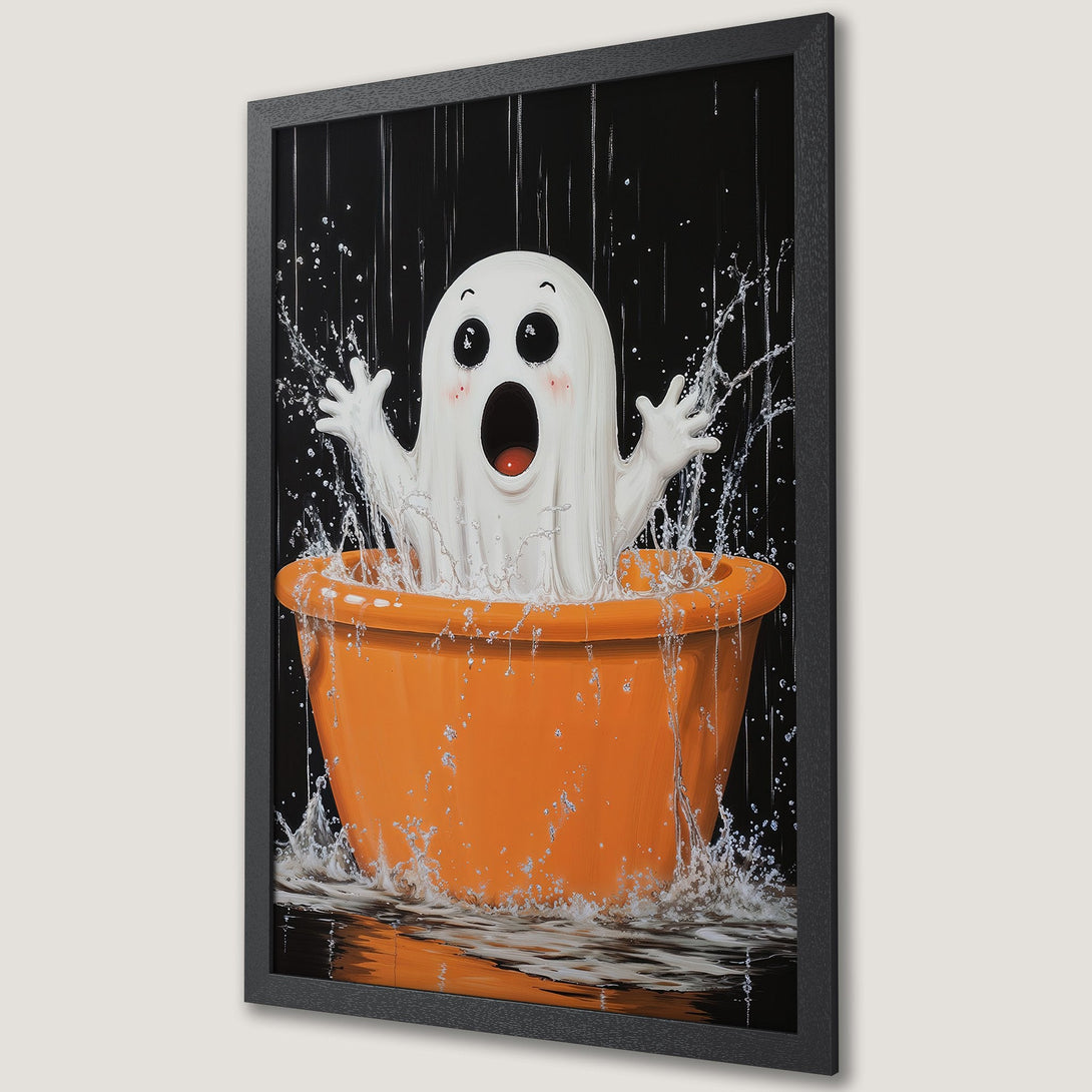 Framed Poster featuring a cute ghost in an orange tub, whimsical style, black, white, and orange color palette. Perfect Halloween decor!