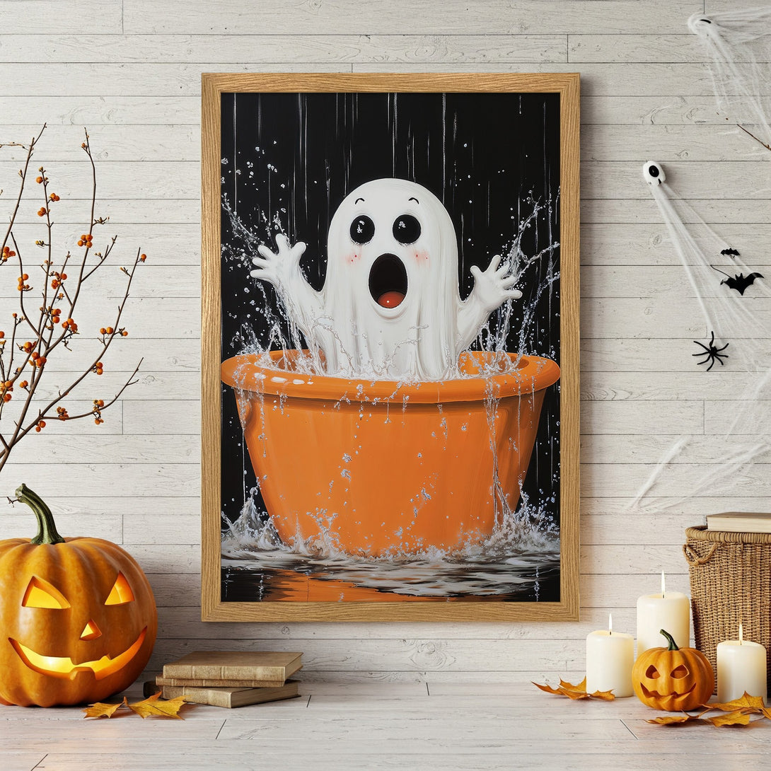 Framed Poster featuring a cute ghost in a bathtub. Whimsical style, orange, black, and white color palette. Perfect Halloween decor!