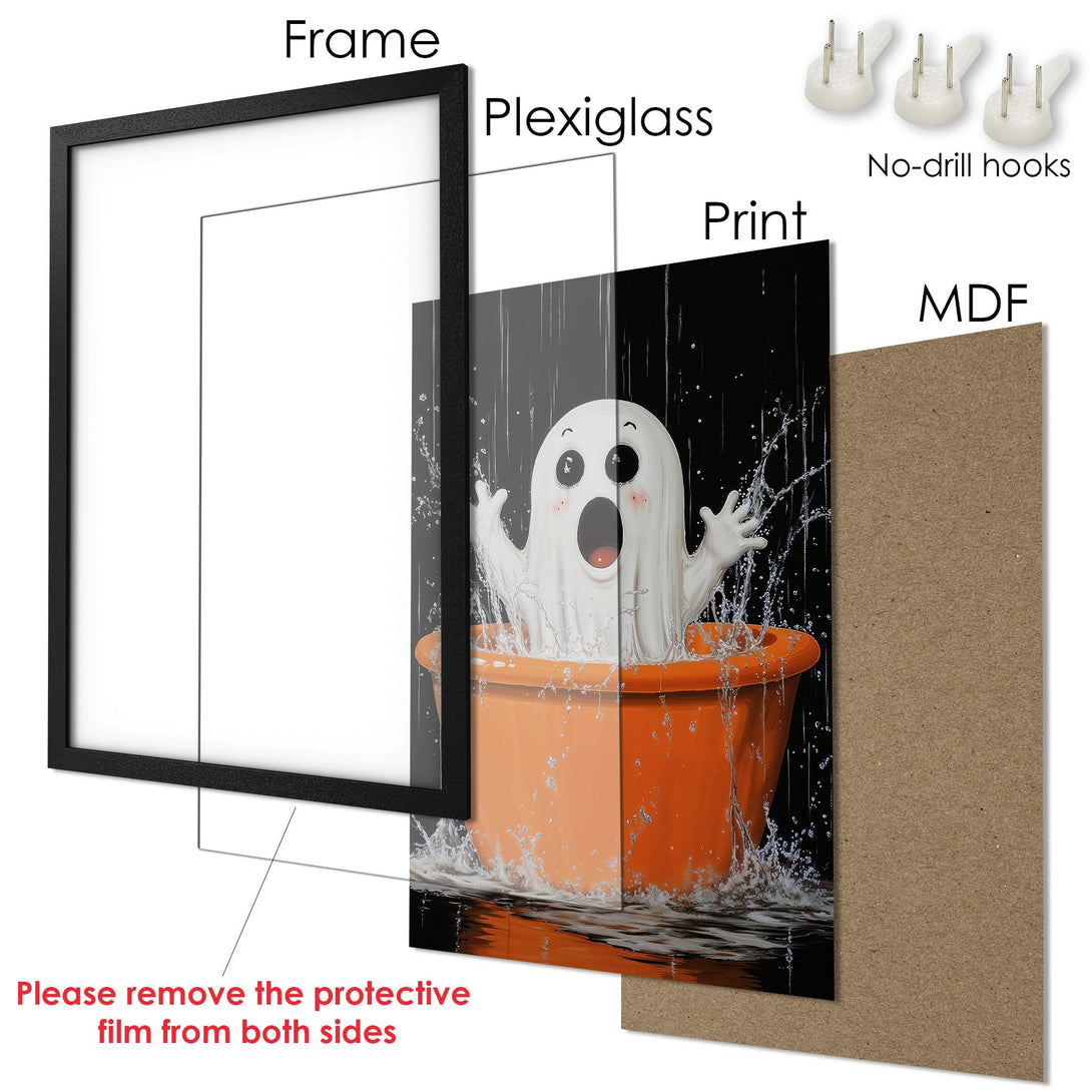 Framed Poster featuring a cute ghost in a bathtub, with a black frame. Halloween art in orange, black, and white.