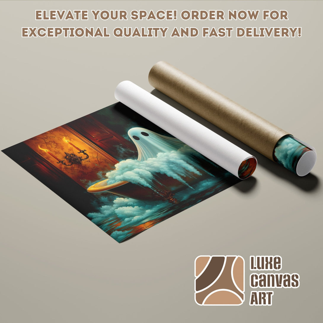 Spooky ghost art poster roll with teal and orange color palette. Elevate your space!