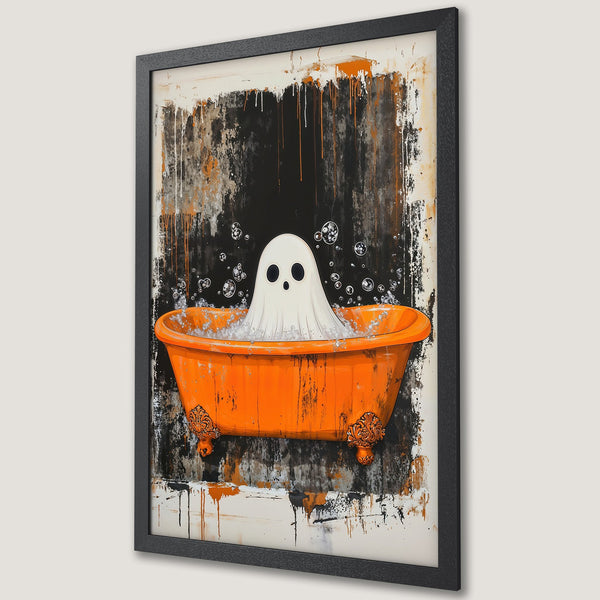 Framed Poster featuring a ghost in a bathtub, abstract style, with orange, black, and white color palette. Perfect Halloween decor.