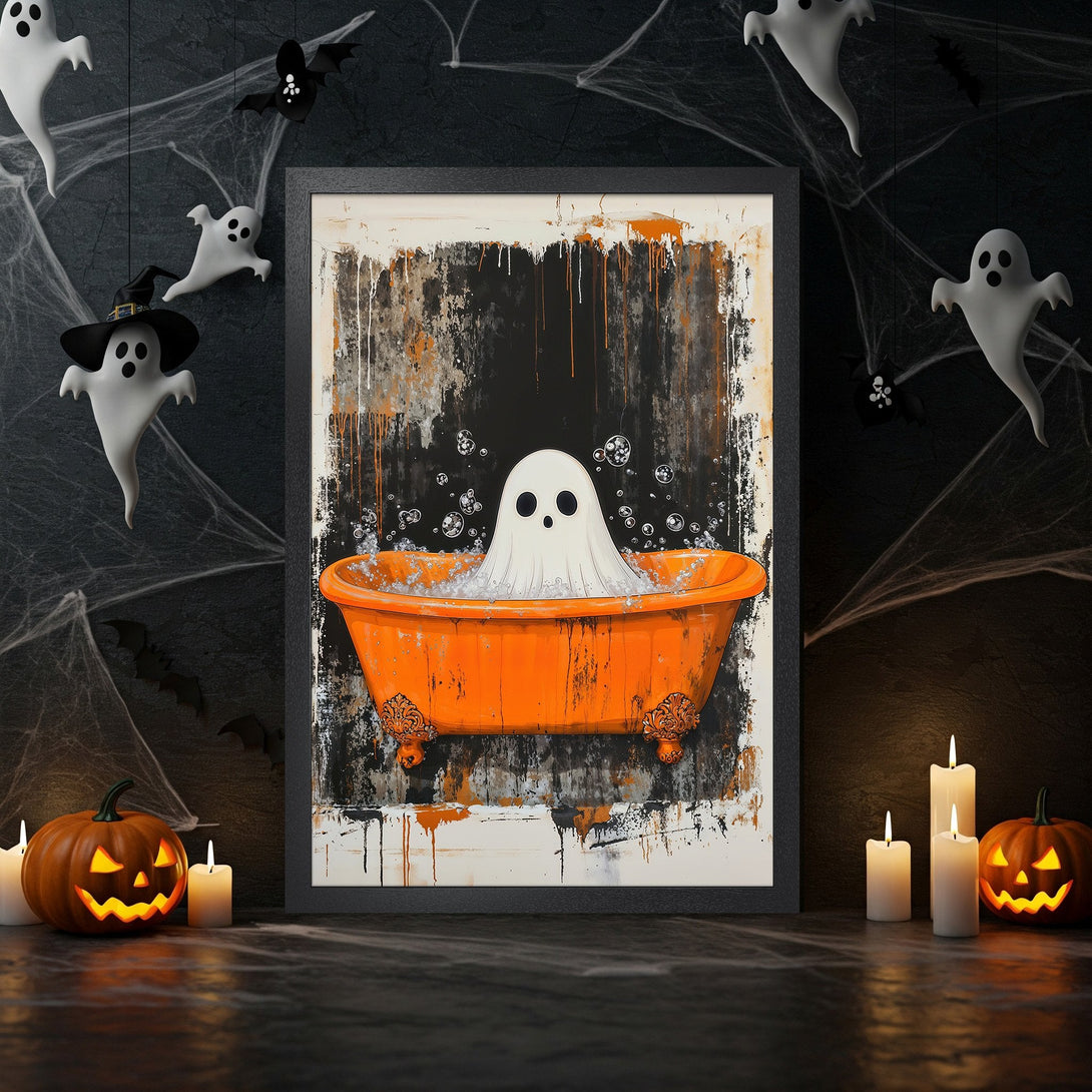 Framed Poster: Ghost in bathtub art print, abstract style, orange & black Halloween decor. Spooky & stylish wall art.