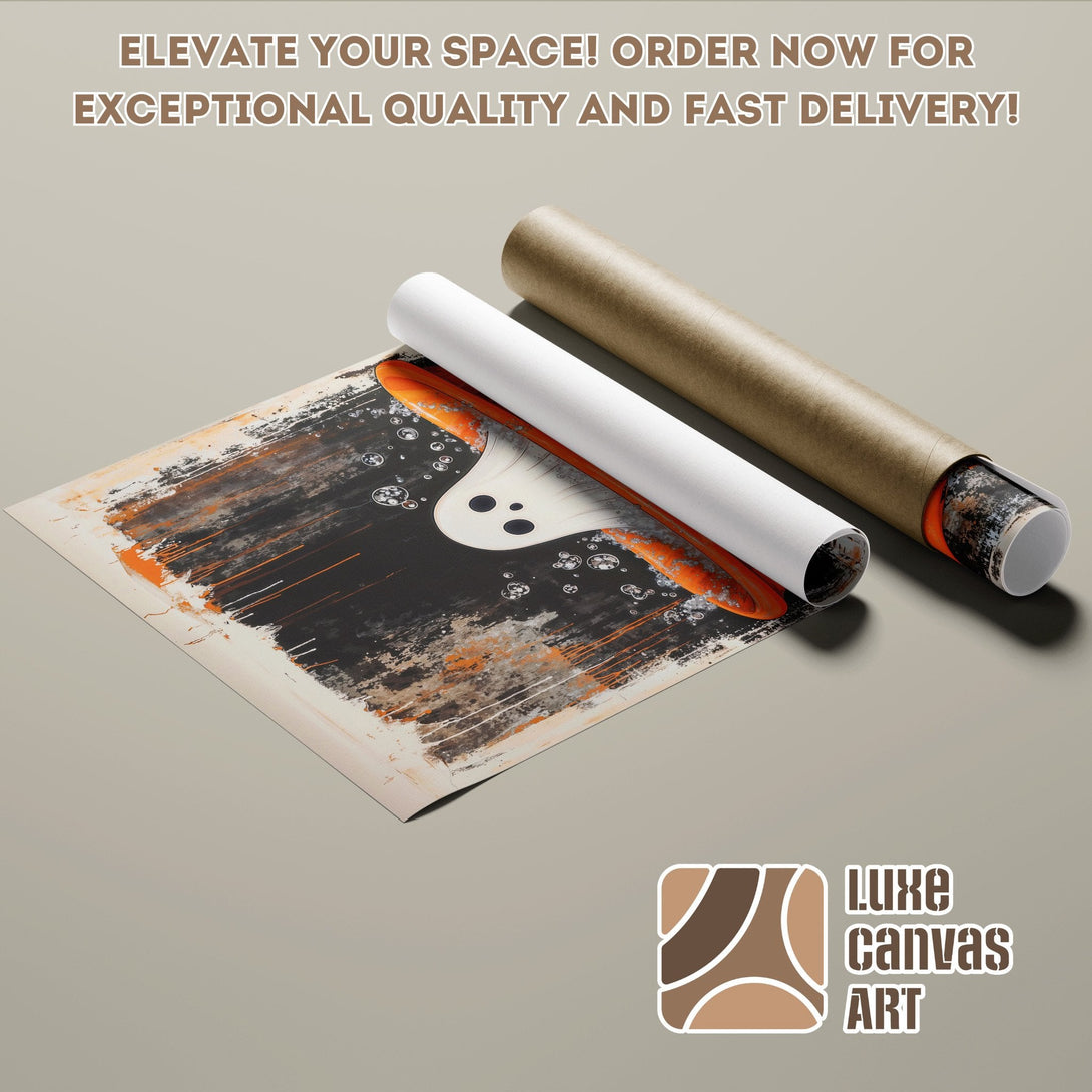 Abstract art poster roll with ghost design in black, orange, and white. Elevate your space!
