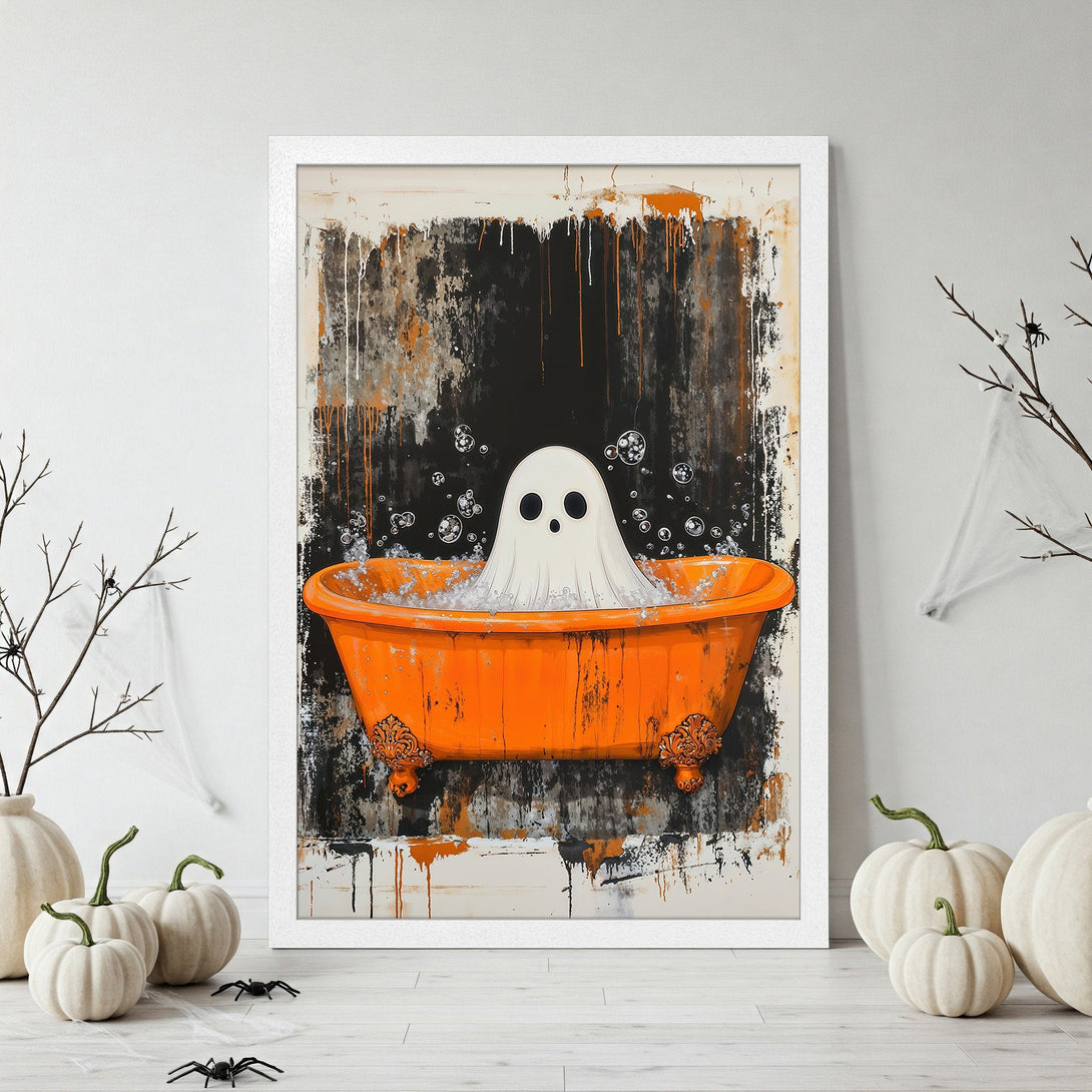 Framed Poster featuring a ghost in an orange bathtub. Abstract style with black, white, and orange color palette. Perfect Halloween decor!