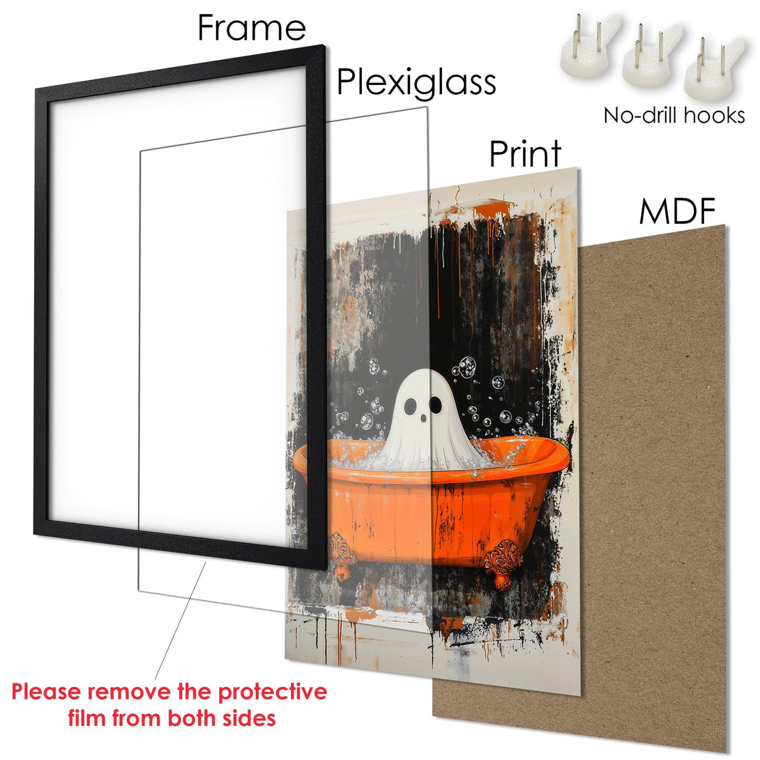 Framed Poster featuring a ghost in a bathtub, with an abstract style and an orange and black color palette. Perfect for Halloween!
