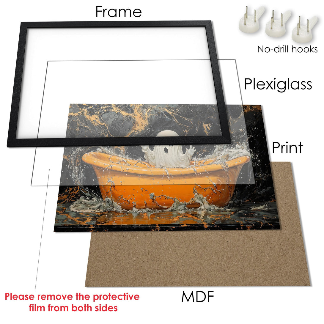 Framed Poster featuring a ghost in a bathtub. Artistic style with orange, black, and gold color palette. Perfect Halloween decor.