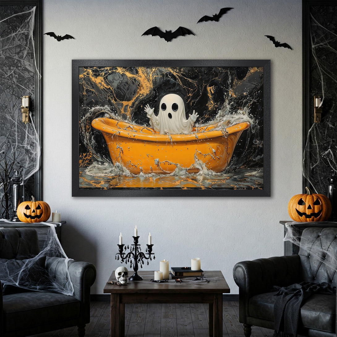 Framed Poster featuring a cute ghost in a bathtub. Halloween art in black, gold, and orange. Perfect spooky decor!