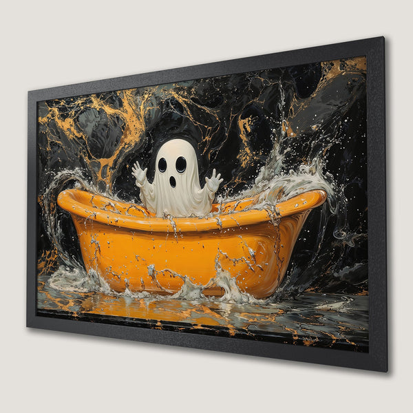 Framed Poster: Playful ghost in a bathtub with a black, gold, and orange color palette. Whimsical art for your home!