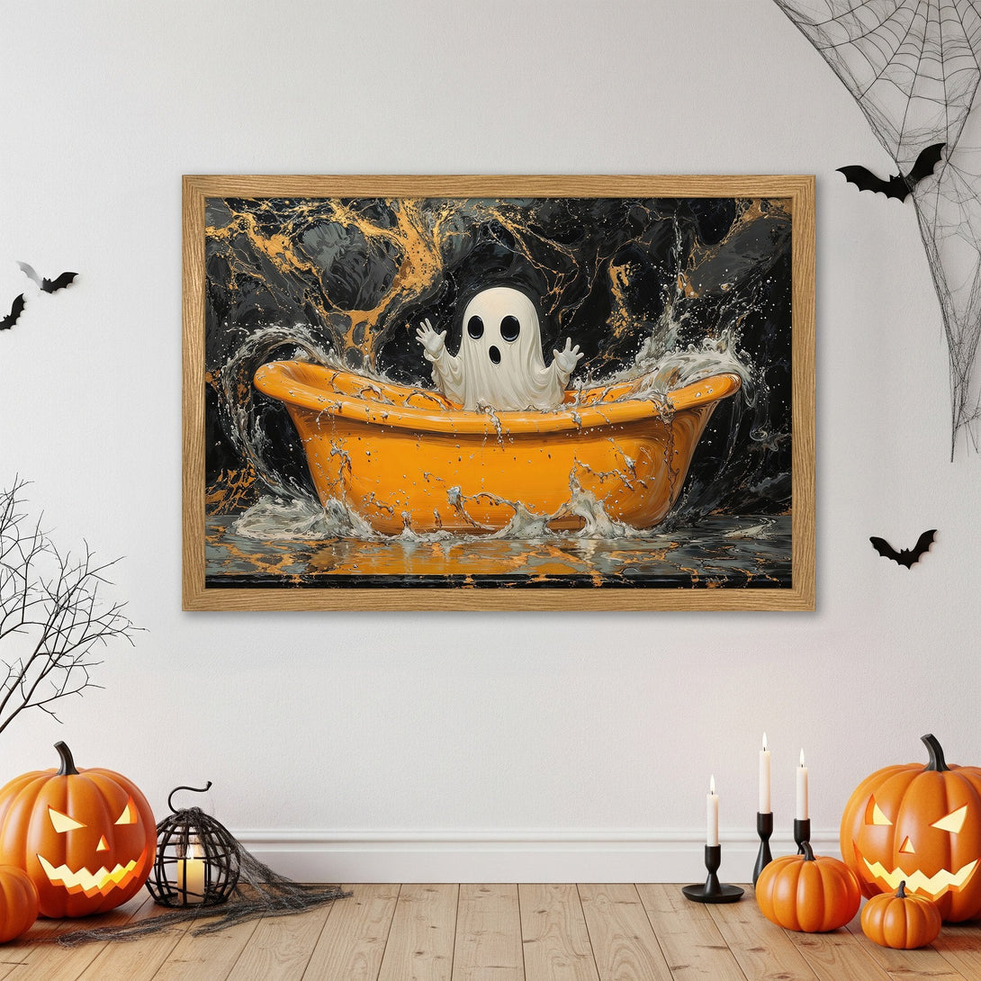 Framed Poster: Ghost in bathtub art, Halloween decor. Modern style, orange, black, and gold color palette. Spooky & stylish wall art.