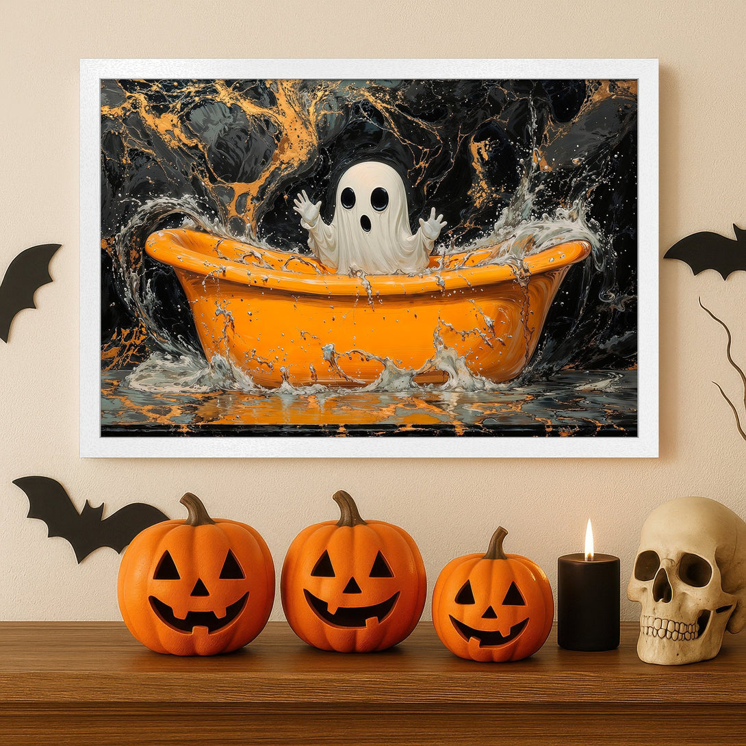 Framed Poster featuring a ghost in a bathtub, with a black, orange, and gold color palette. Perfect Halloween decor!
