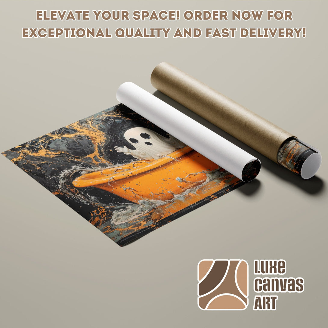 Poster Roll featuring a spooky ghost art print in black, orange, and gold. Elevate your space!