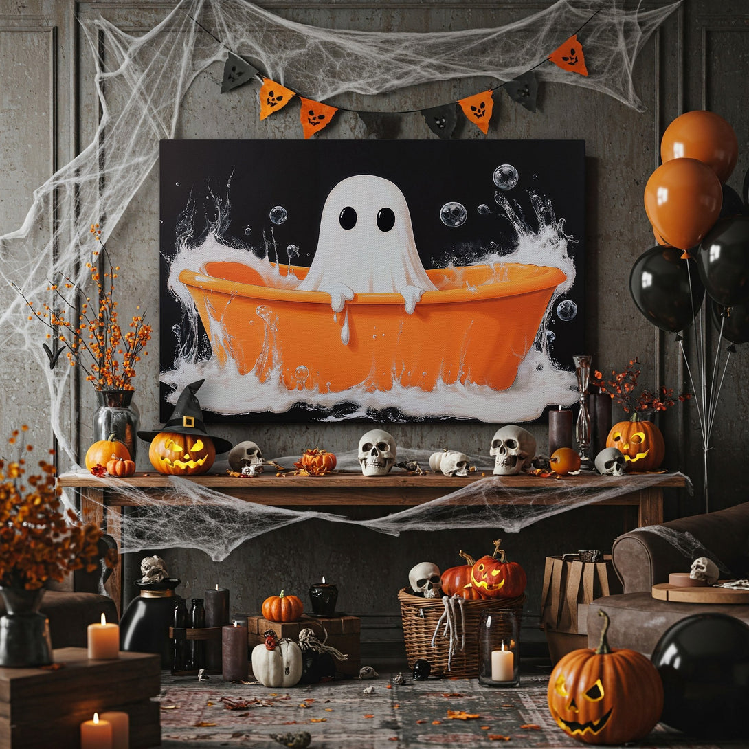Framed Wall Art: Halloween ghost in a bathtub. Whimsical art with orange, black, and white color palette, perfect for spooky season decor.