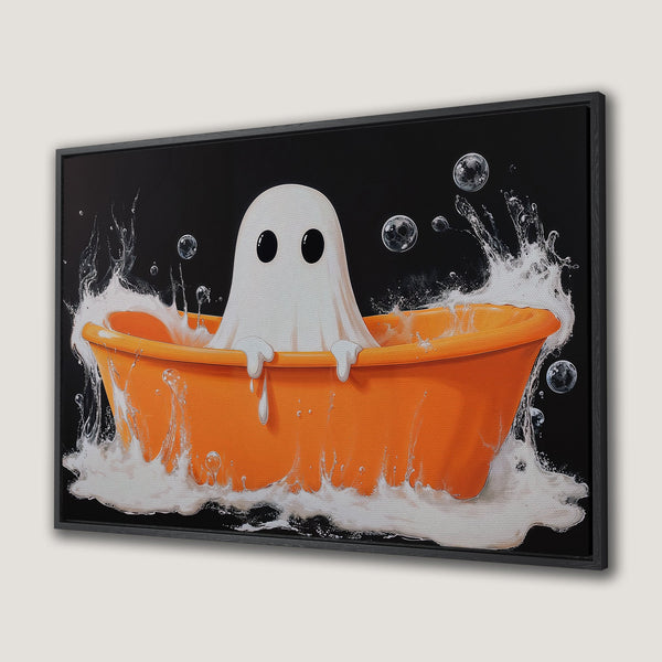 Framed Wall Art: Adorable ghost in a bathtub. Whimsical illustration with orange, black, and white color palette. Perfect for Halloween or playful decor.
