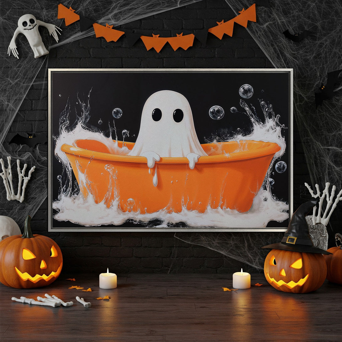 Framed Wall Art: Spooky ghost in a bathtub, Halloween-themed art with orange, black, and white color palette. Perfect for seasonal decor!