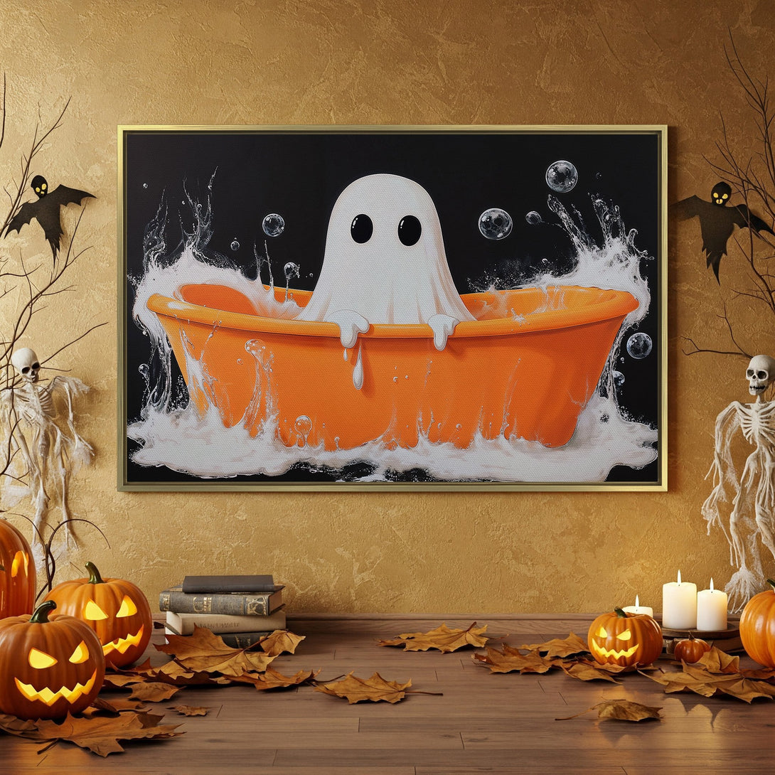 Canvas Print: Spooky Halloween art featuring a ghost in an orange tub. Perfect for seasonal decor! Black, white, and orange color palette.