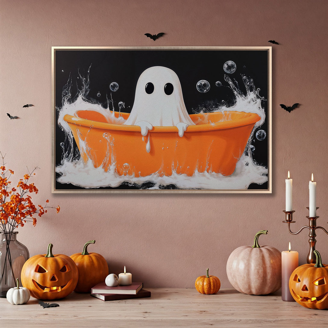 Framed Wall Art: Adorable ghost in bathtub Halloween art. Orange, black, and white color palette. Perfect for spooky season decor.