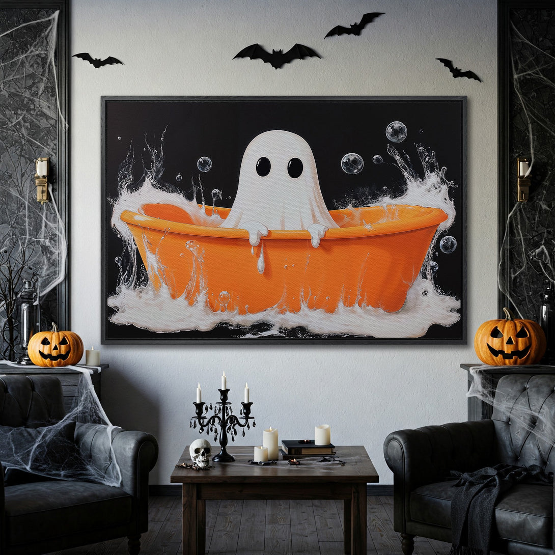 Framed Wall Art: Cute ghost in orange bathtub. Halloween decor with black, white, and orange color palette. Spooky and fun canvas print for your home!