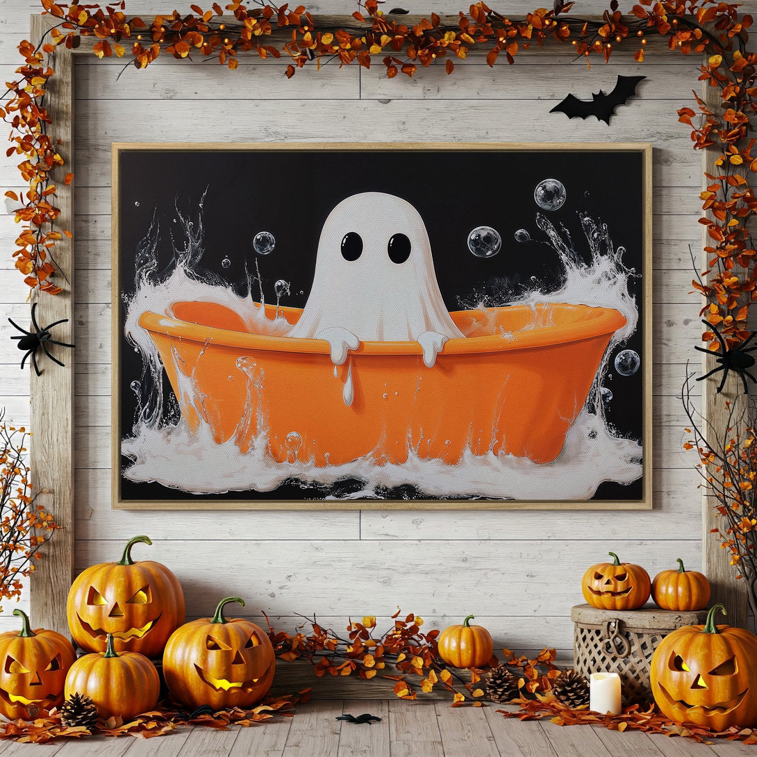 Framed Wall Art: Spooky ghost in a bathtub, Halloween decor. Orange, black, and white color palette. Perfect for seasonal home accents.