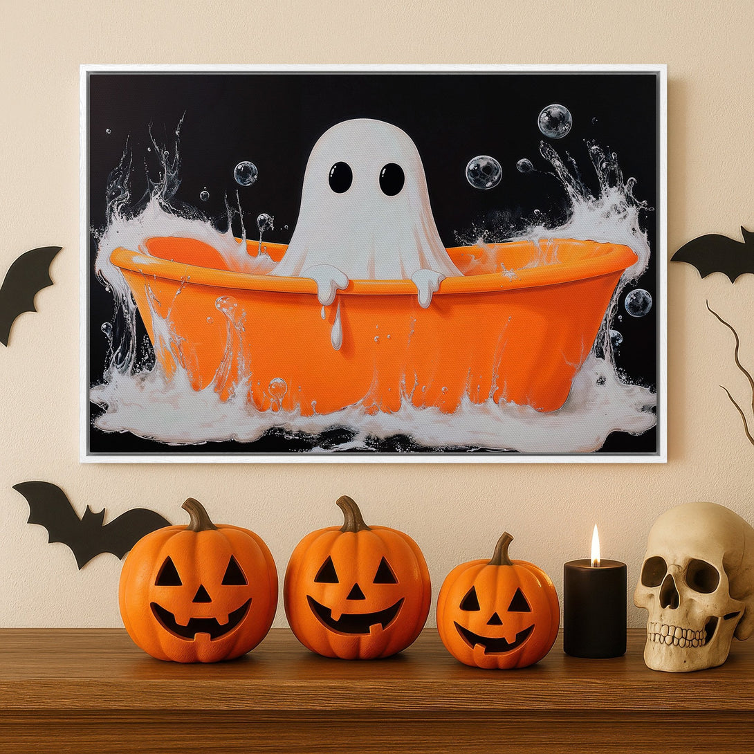 Framed Wall Art: Adorable ghost in a bathtub Halloween canvas print. Whimsical art in orange, white, and black. Perfect spooky home decor!