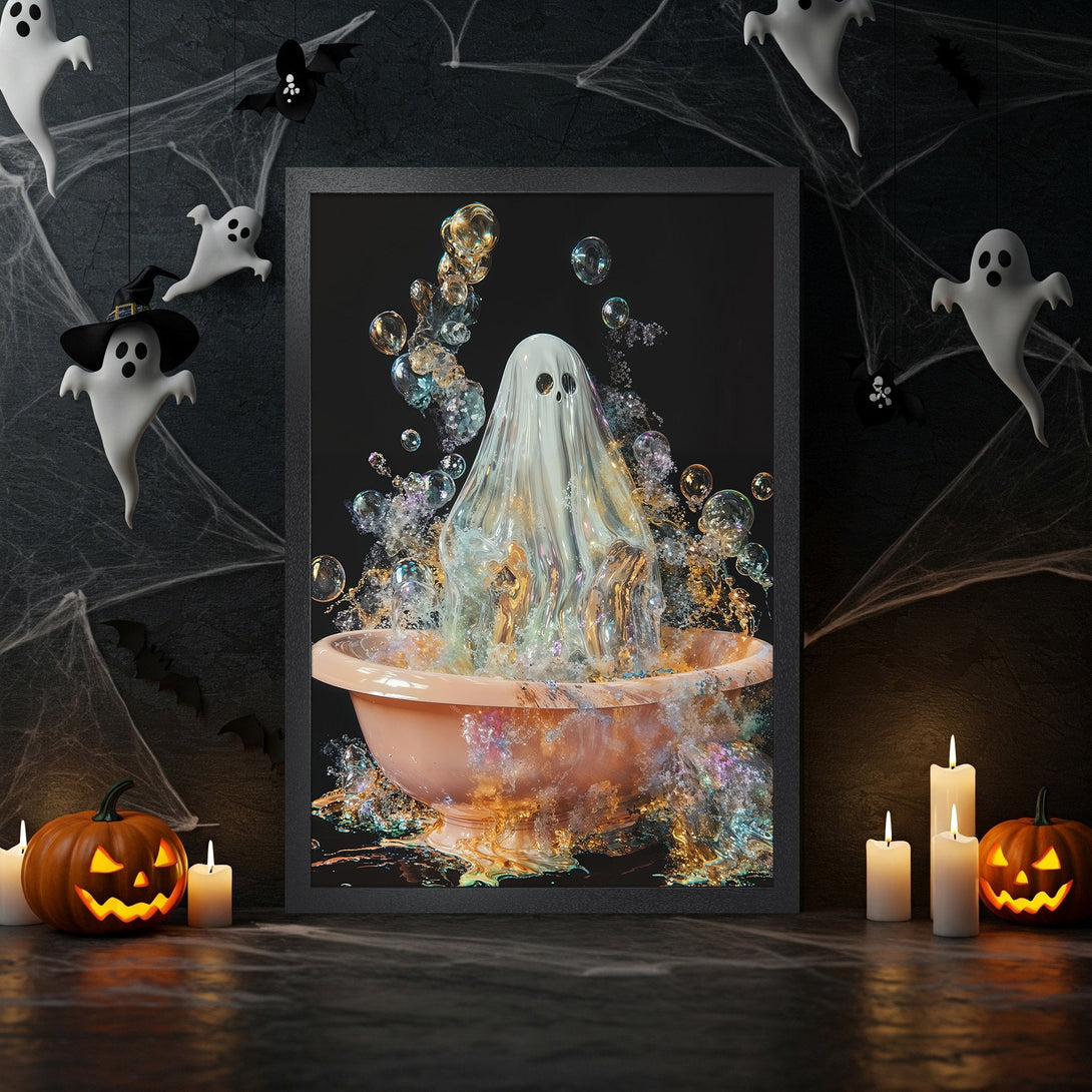 Framed Poster: Spooky ghost in a bathtub, whimsical style, dark & gold color palette, perfect Halloween decor.