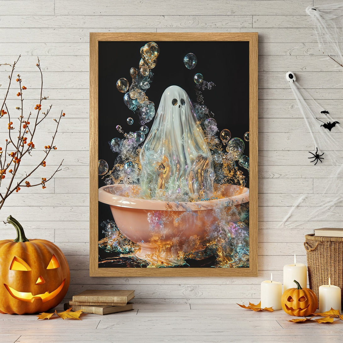 Framed Poster featuring a whimsical ghost in a bathtub with bubbles, vibrant colors, and a Halloween theme.