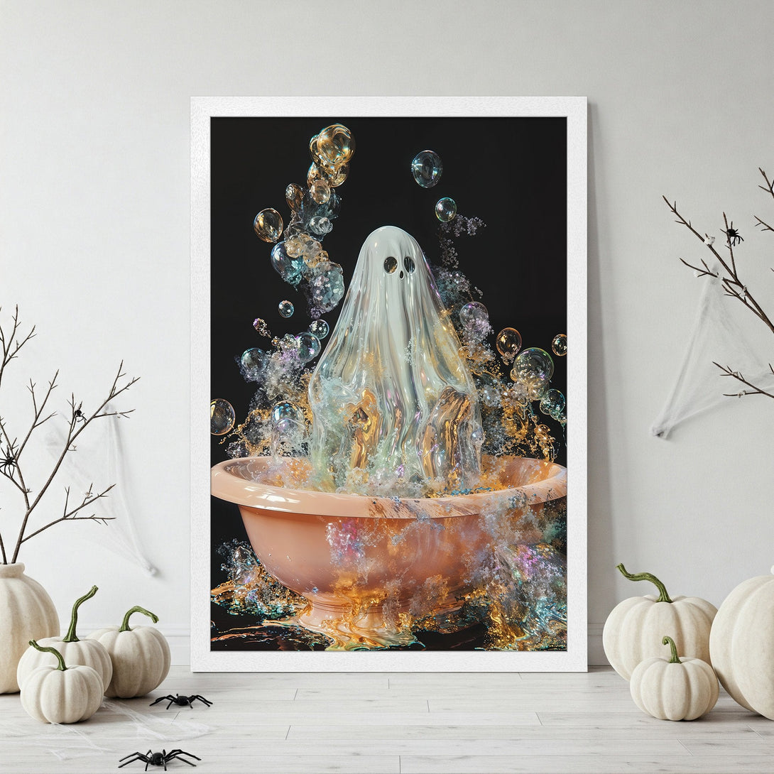 Framed Poster: Ghost in a bubble bath, whimsical art style, with a black, gold, and pastel color palette. Halloween decor.