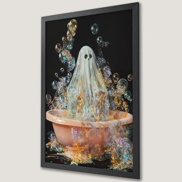 Framed Poster featuring a whimsical ghost in a bathtub with bubbles, surreal style, and a black, pastel, and iridescent color palette.