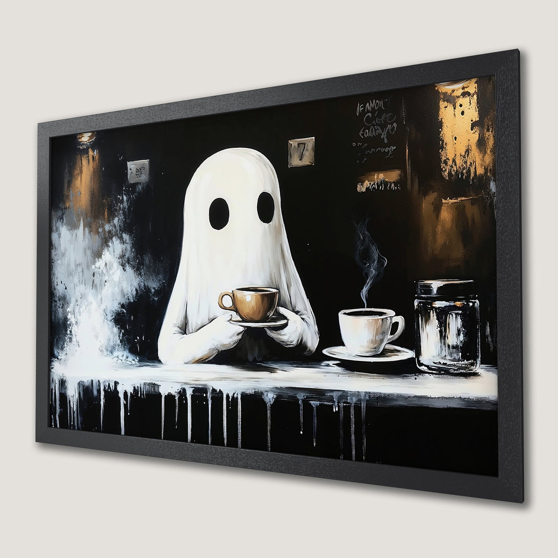 Framed Poster: Ghost enjoying coffee, modern art style, black, white, and gold color palette. Perfect for your home decor!