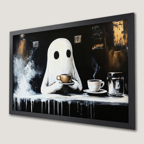 Framed Poster: Ghost enjoying coffee, modern art style, black, white, and gold color palette. Perfect for your home decor!