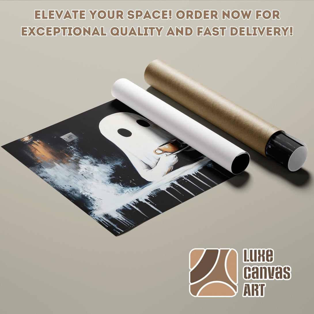 Poster Roll featuring a ghost with a coffee cup, modern art style, black and white with brown accents.