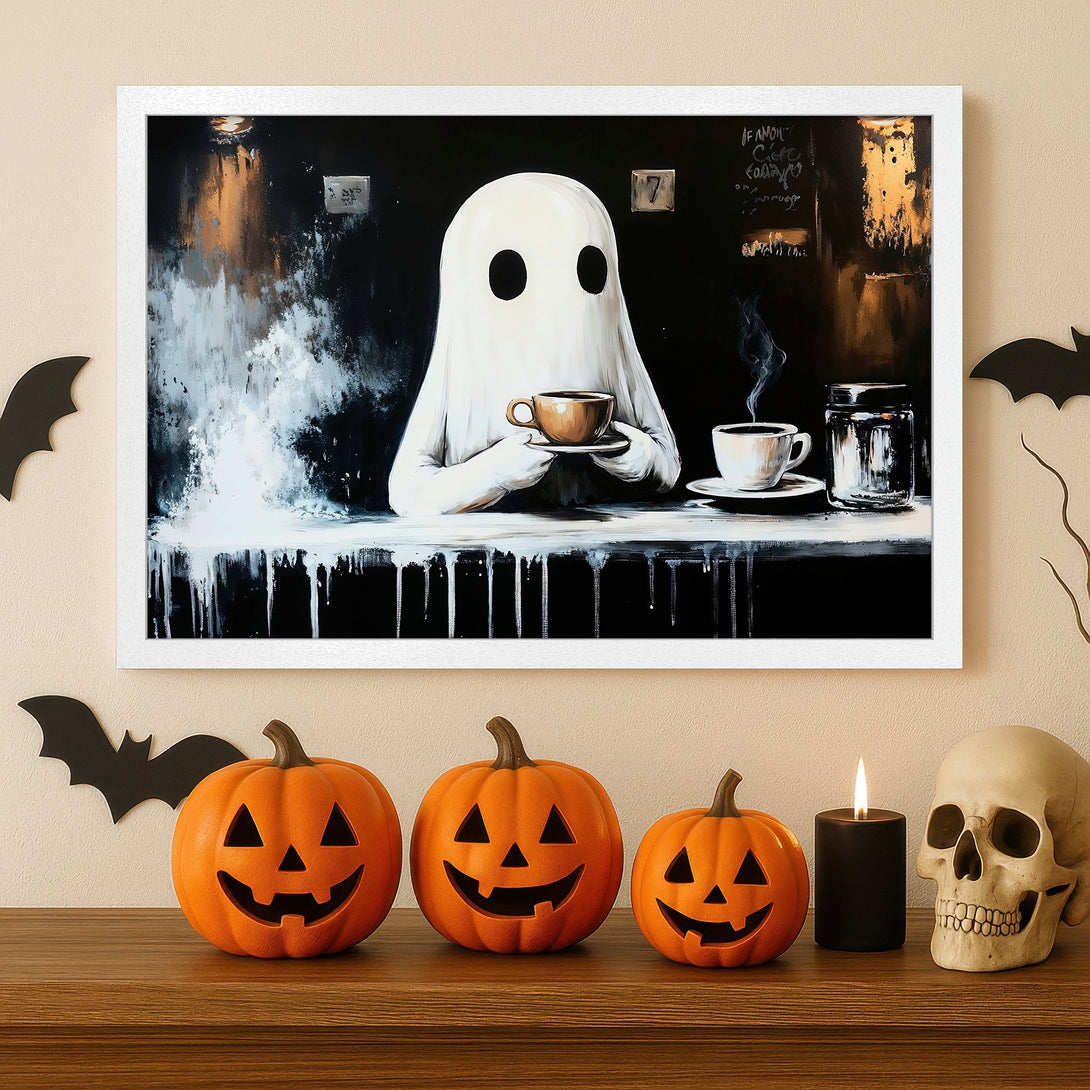 Framed Poster of a ghost enjoying coffee in a cafe, with a black, white, and gold color palette. Perfect Halloween decor!