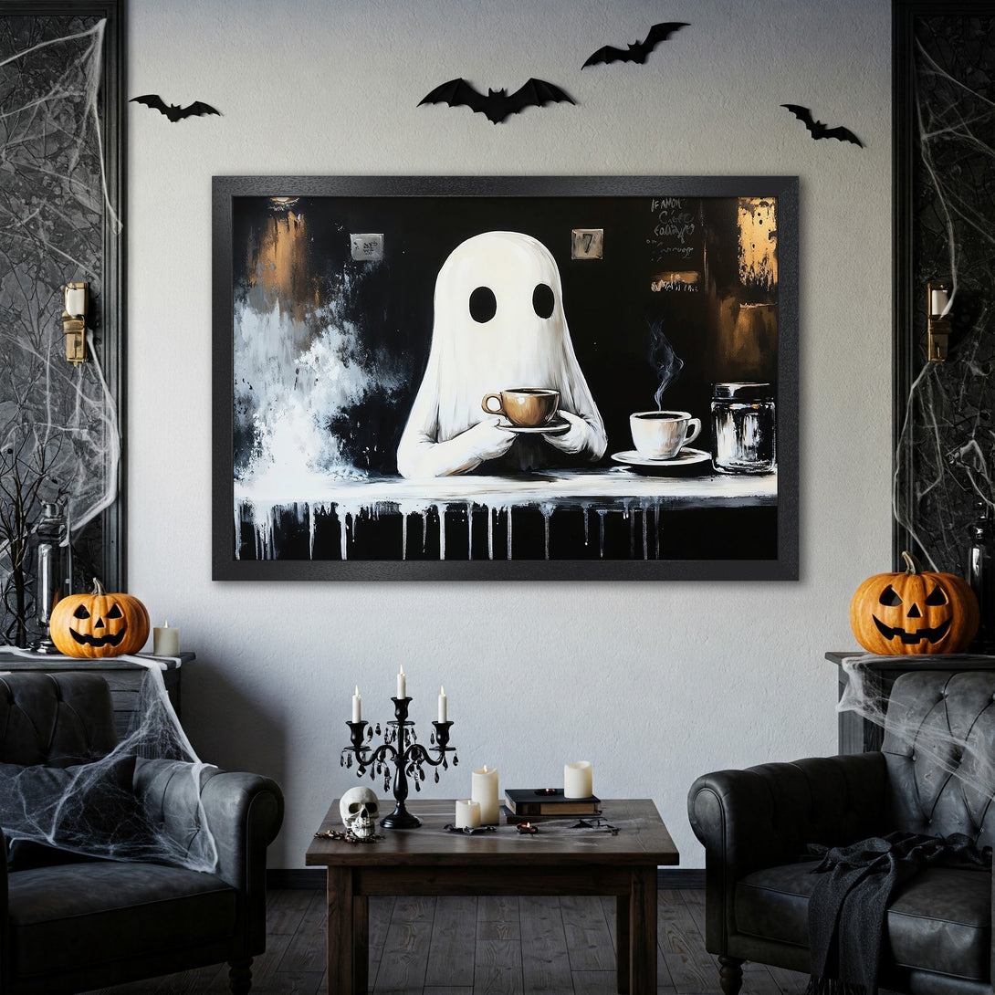 Framed Poster featuring a ghost enjoying coffee. Abstract art style with black, white, and gold color palette. Perfect Halloween decor!