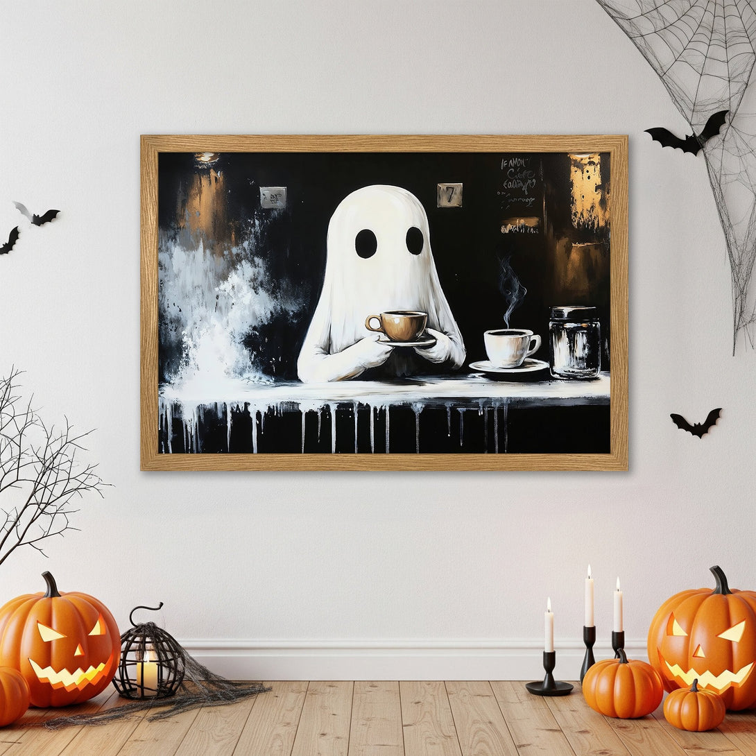 Framed Poster featuring a ghost enjoying coffee.  Spooky art in black, white, and gold color palette. Perfect Halloween decor.