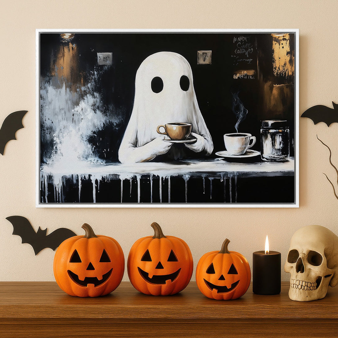 Framed Wall Art featuring a ghost enjoying coffee. Black, white, and gold abstract art. Perfect Halloween decor!