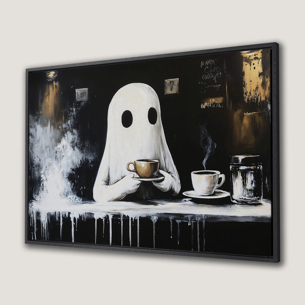 Framed Wall Art: Ghost enjoying coffee in a black, white, and gold palette. Modern, quirky art for your home. Shop now!
