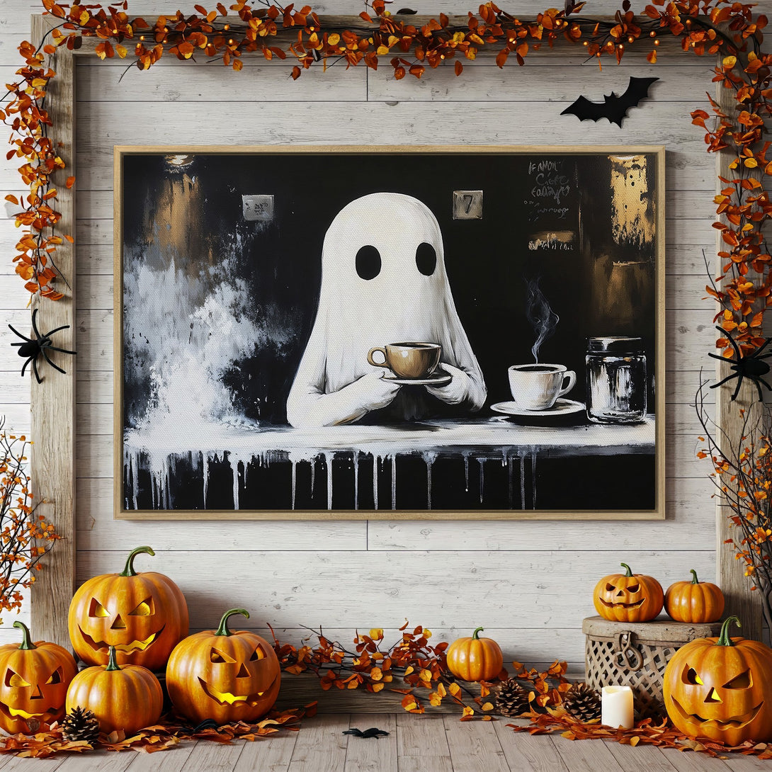 Framed Wall Art: Spooky ghost enjoying coffee, modern abstract style, black & white with gold accents. Perfect Halloween decor!