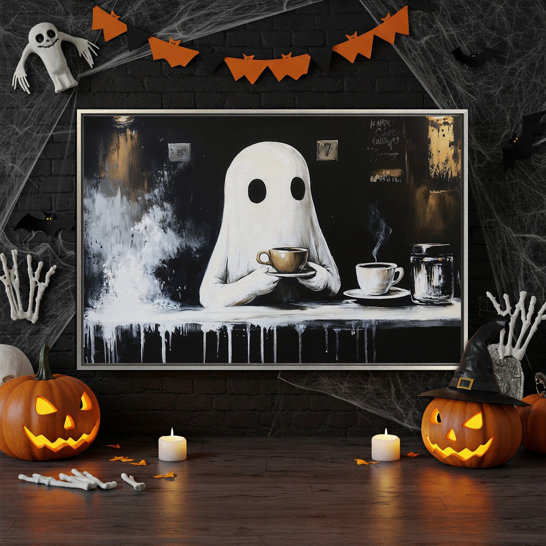 Framed Wall Art: Spooky ghost enjoying coffee in a black & white abstract painting. Halloween decor with orange and gold accents.