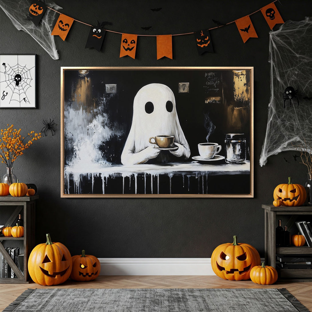 Framed Wall Art featuring a ghost enjoying coffee, perfect for Halloween decor. Modern abstract style with a black, white, and gold color palette. Add spooky charm to your home!