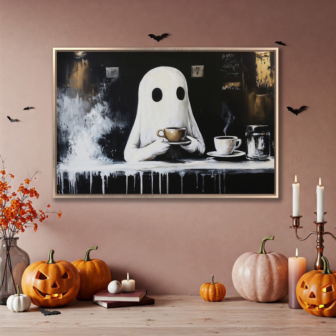 Framed Wall Art: Spooky ghost enjoying coffee, modern abstract style in black, white, & gold. Perfect Halloween decor.